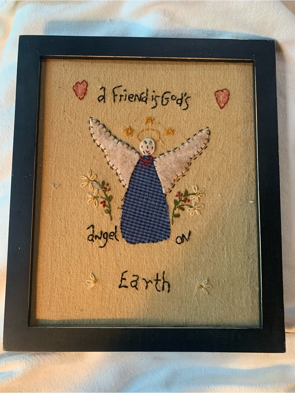 Primitive Folk Art Framed Cross Stitch Angel “A Friend is God’s Angel on Earth”
